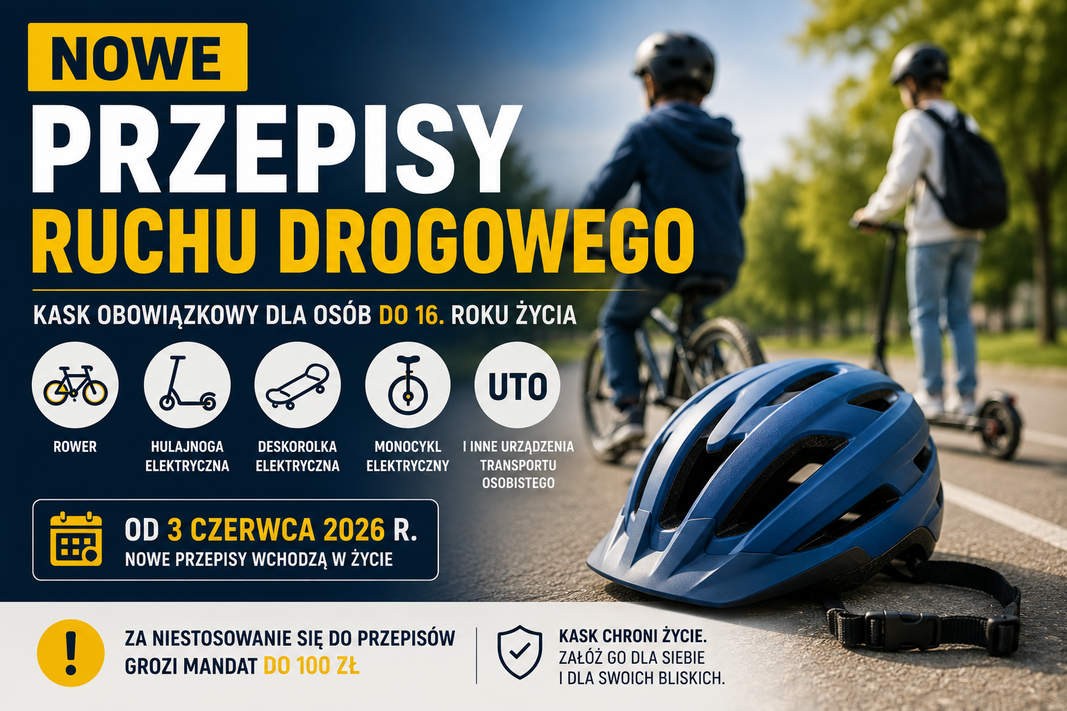 zdjęcie: Nowe przepisy od 3 czerwca 2026 r. – obowiązkowe kaski dla dzieci i młodzieży.